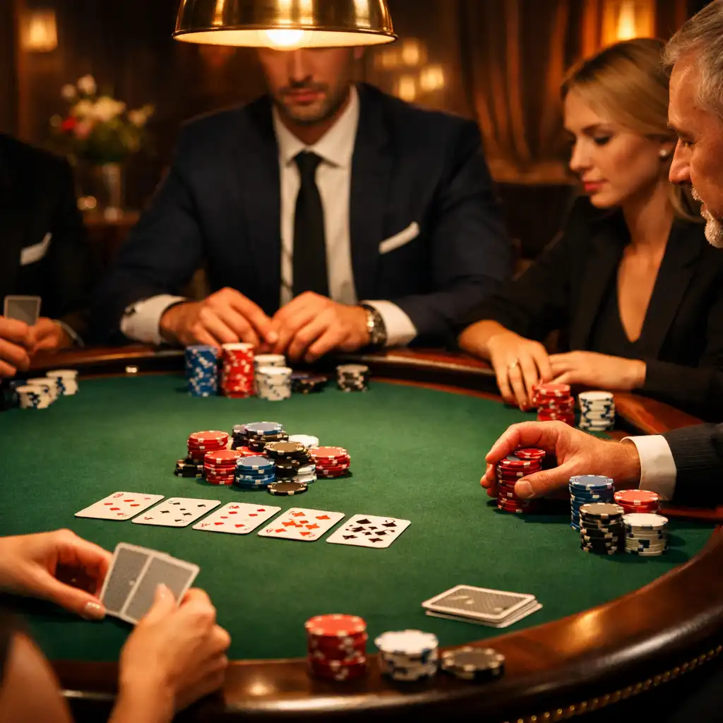 Elegancki stół pokerowy z kartami i żetonami, wokół skupieni gracze w biznesowych strojach
