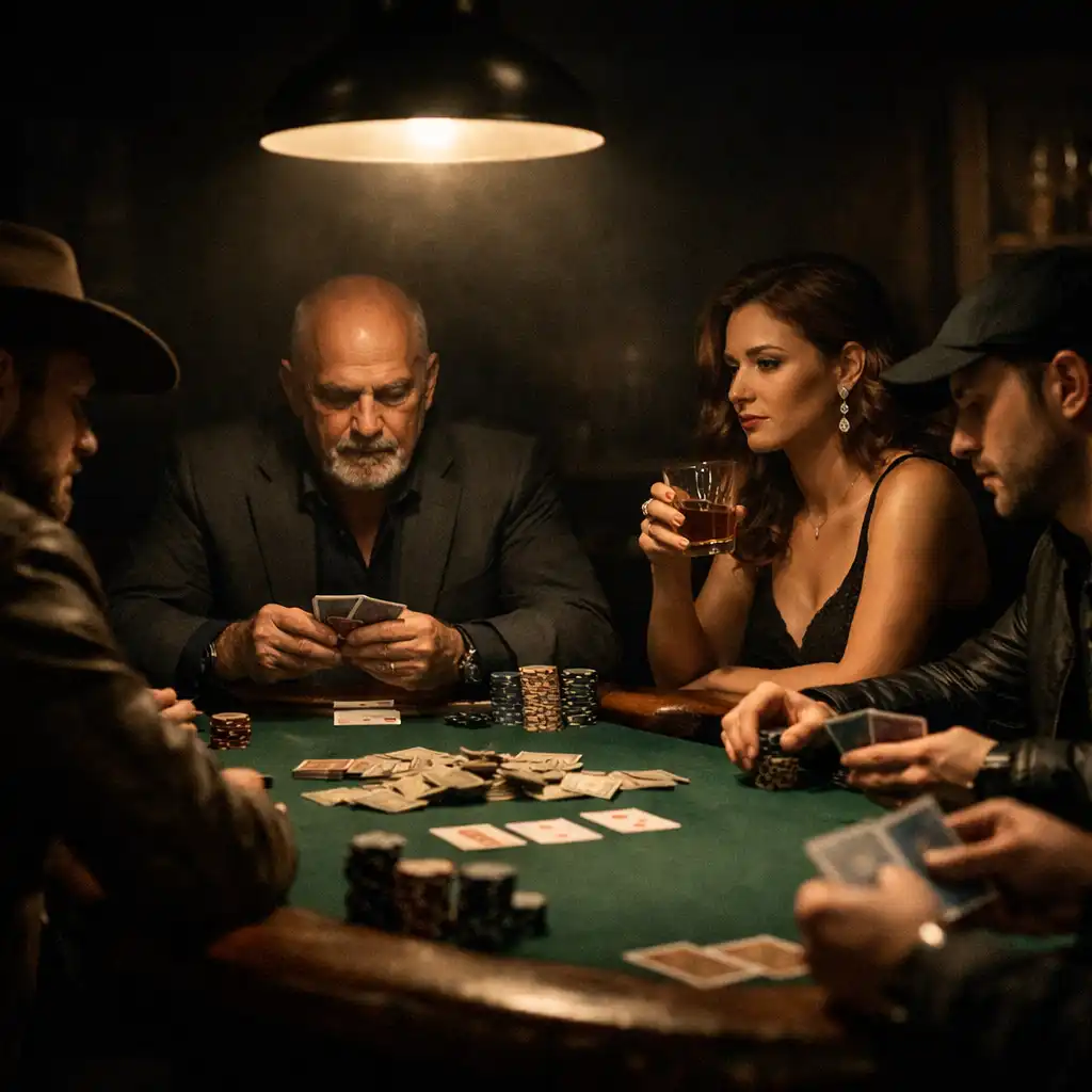 Stół pokerowy z graczami w nastrojowym świetle