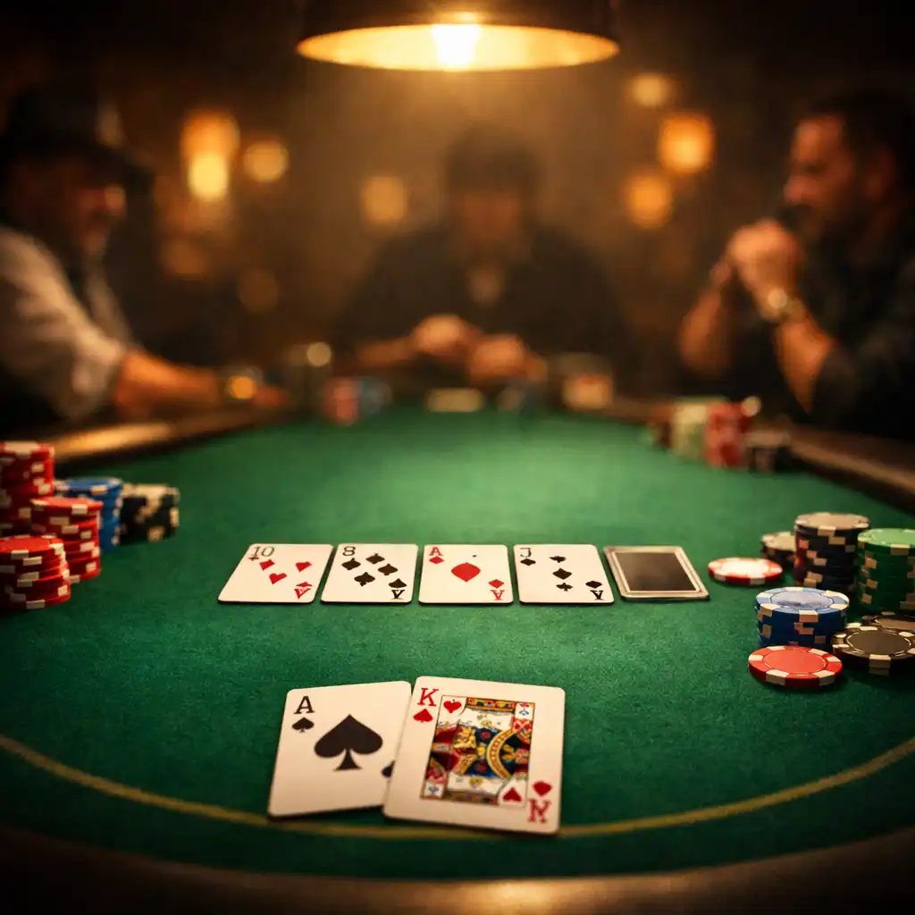 Profesjonalny stół pokerowy z zielonym suknem, kartami i żetonami