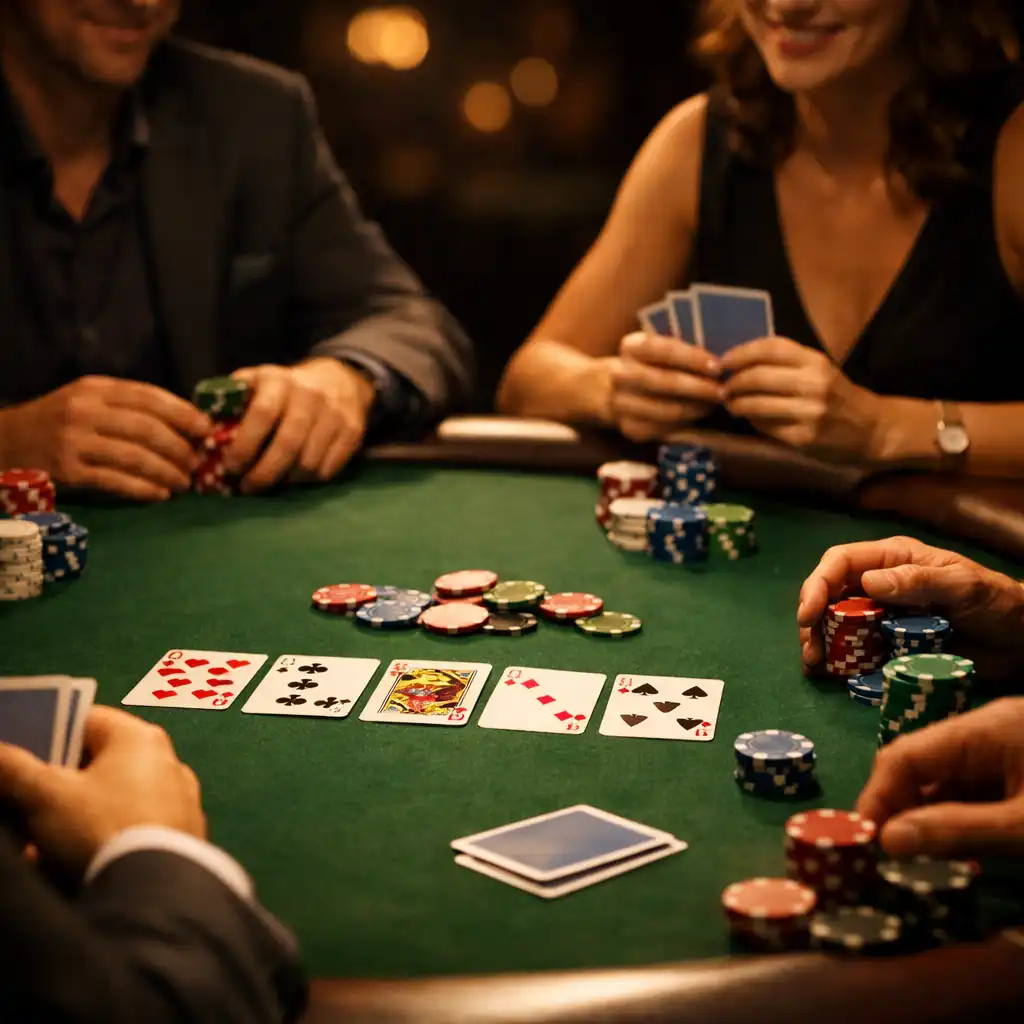 Elegancki stół pokerowy z kartami i żetonami podczas wieczoru integracyjnego