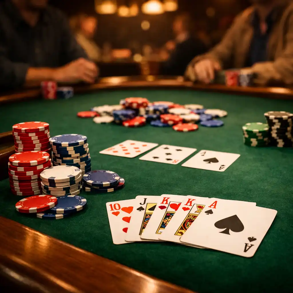 Profesjonalny stół pokerowy z zielonym suknem, kartami i kolorowymi żetonami