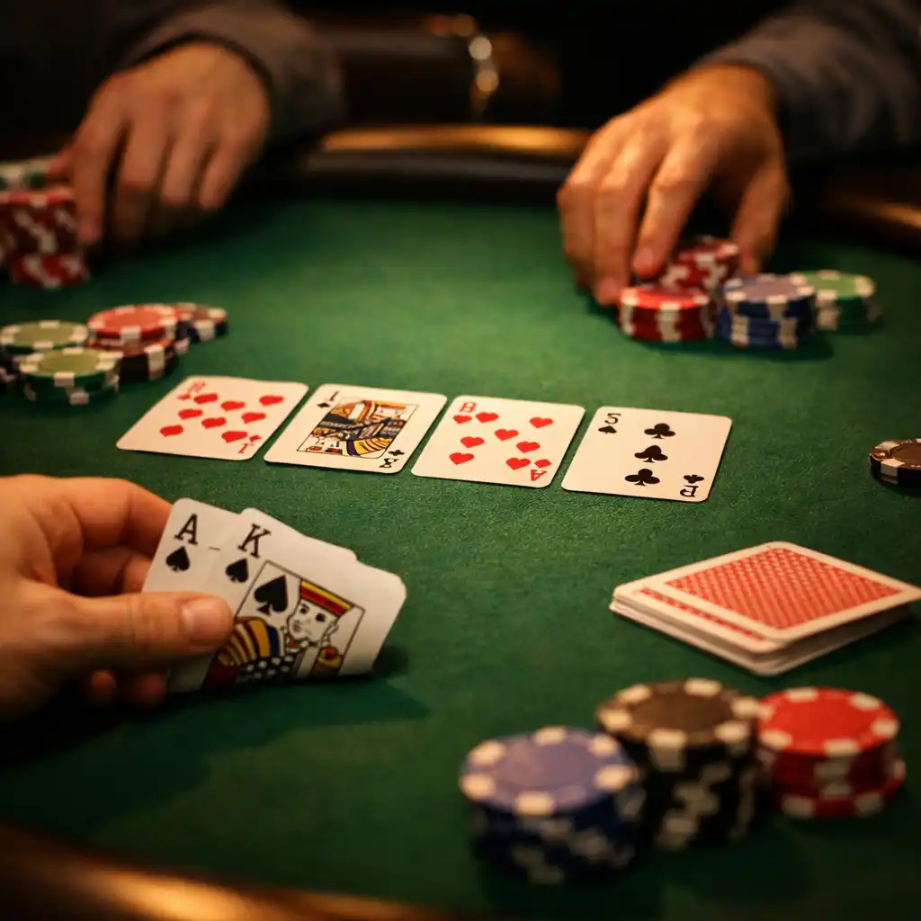 Profesjonalny stół pokerowy z kartami i żetonami