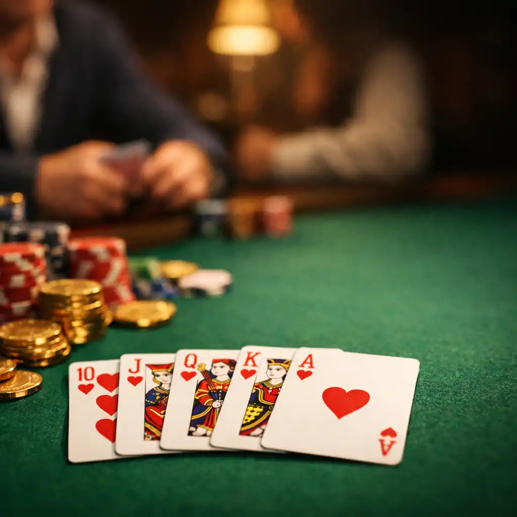 Stół pokerowy z kartami i żetonami, w tle dłonie graczy