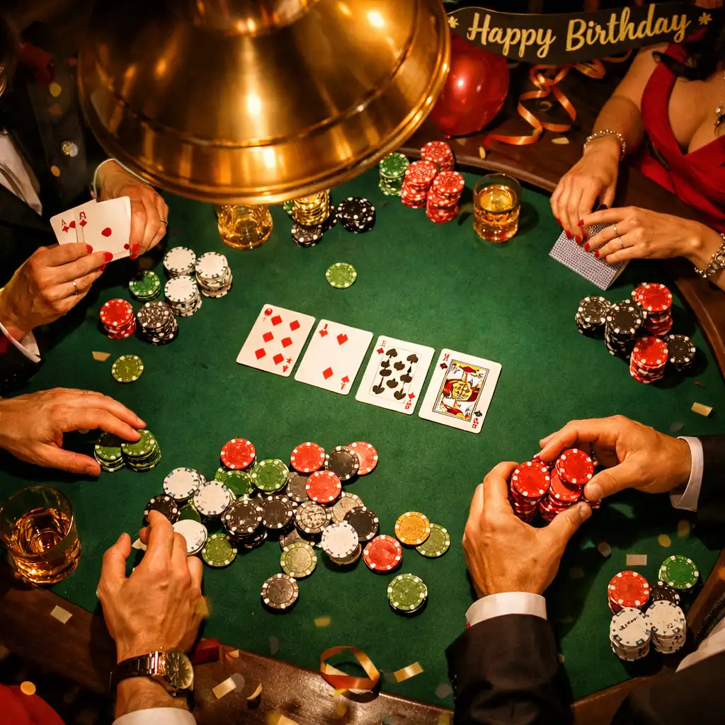 Stół pokerowy z kartami i żetonami podczas urodzin, ciepłe światło lampy
