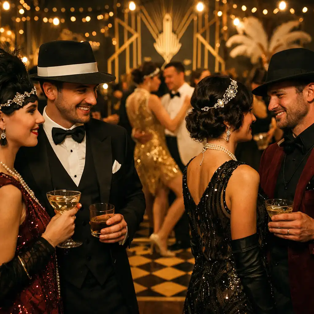 Urodziny tematyczne w stylu lat 20. z gośćmi w strojach z epoki i dekoracjami art deco