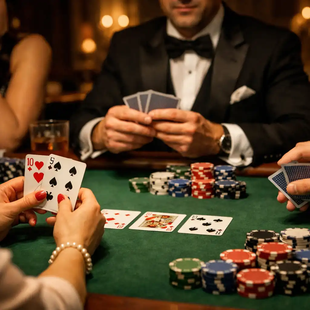Stół pokerowy podczas wieczoru tematycznego. Gracze w eleganckich strojach skupieni na rozdaniu, na stole kolorowe żetony.